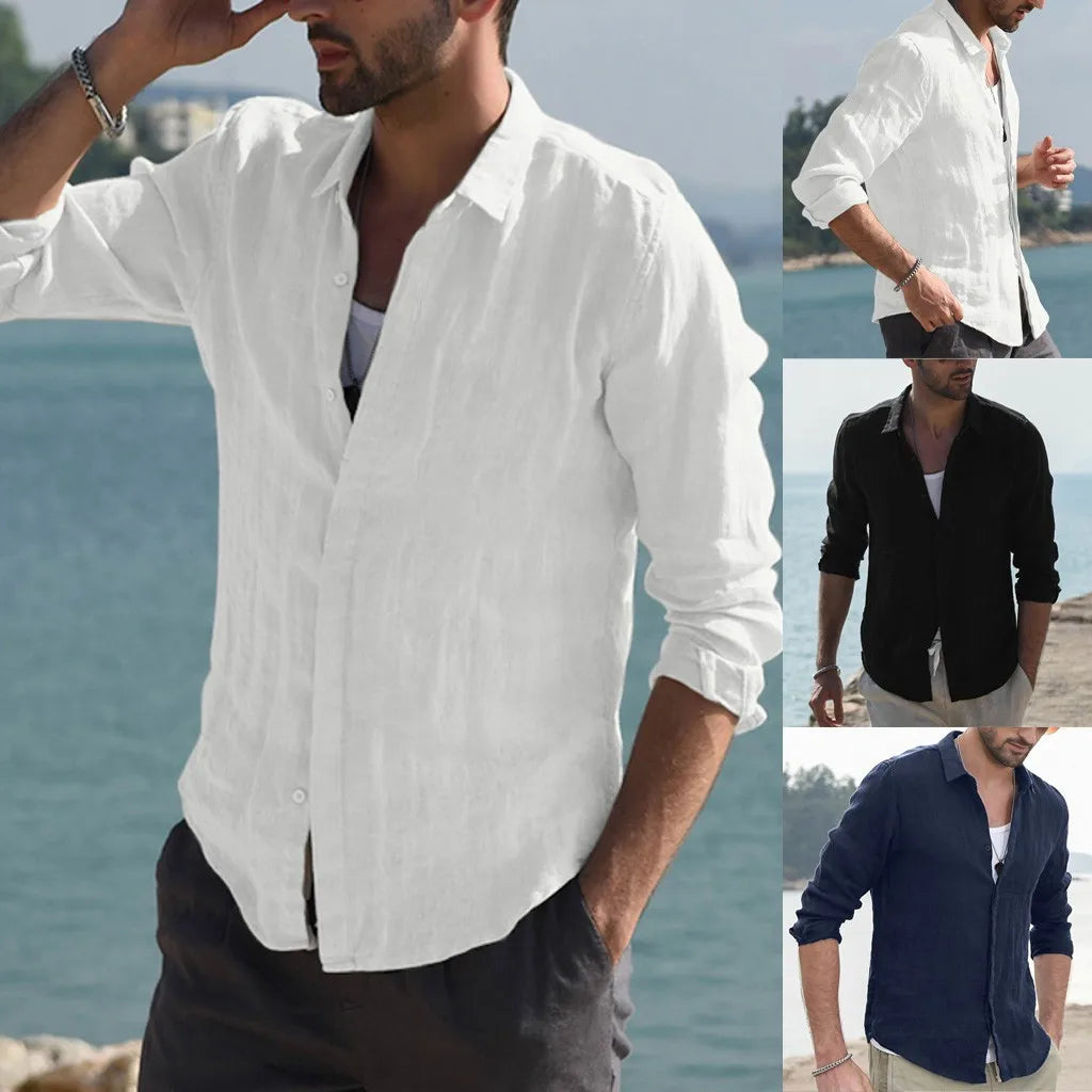 Men Spring Cotton Linen Long Sleeve Button Solid Color Shirts Lapel Collar Men's Tops Cardigan Blouse T-shirt Casual Shirt