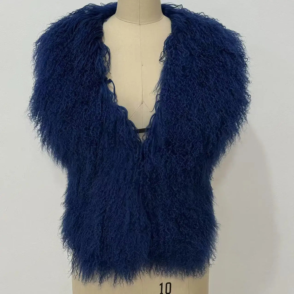 Streetwear Real Mongolian Sheepskin Fur Vest Women Real Sheep Fur Halter Top Vest