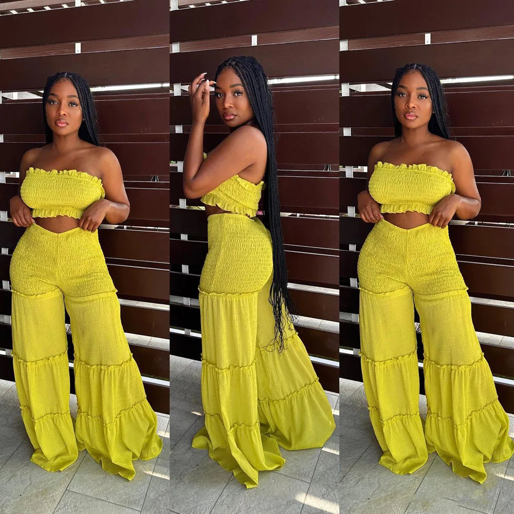 New Arrival Women Set Sexy Bubble Crepe Fabric With Wooden Ear Edge Patchwork Strapless Pants Two-piece Set