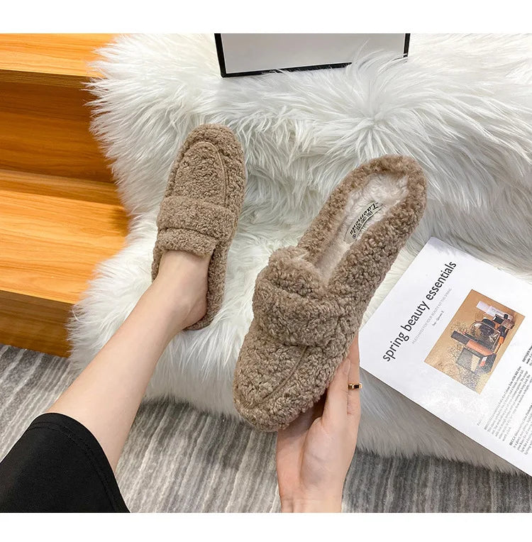 Winter Warm Plush Mules Women One Band Fur Slippers Cozy Cotton Shoes Woman Flats Cover Toe Fleeces Slides Femme Wool Pantuflas