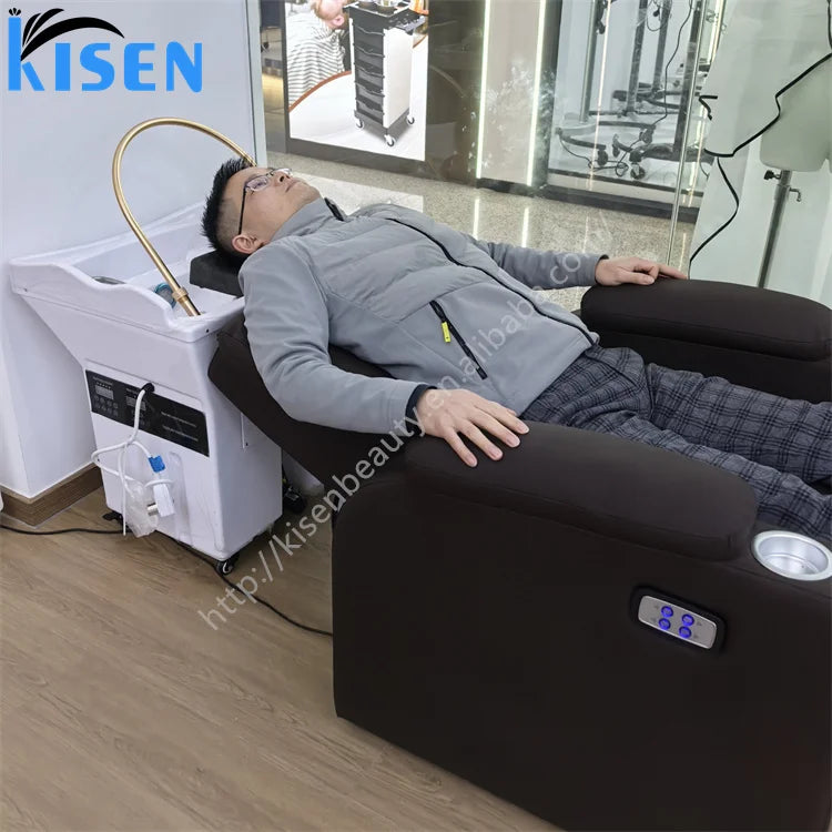 KISEN Beauty Salon Furniture Water Circulation Hair Salon Portable Basin Adjustable Electric Salon Full Body Massage Shampoo Bed