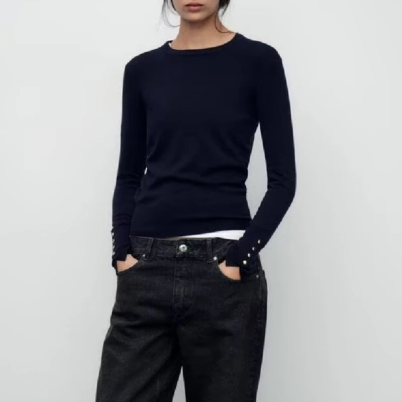 KAR&OT ZA 2024 Autumn New Fashion Temperament All-match Pullover Round Neck Long-sleeved Knitted Sweater 8851170