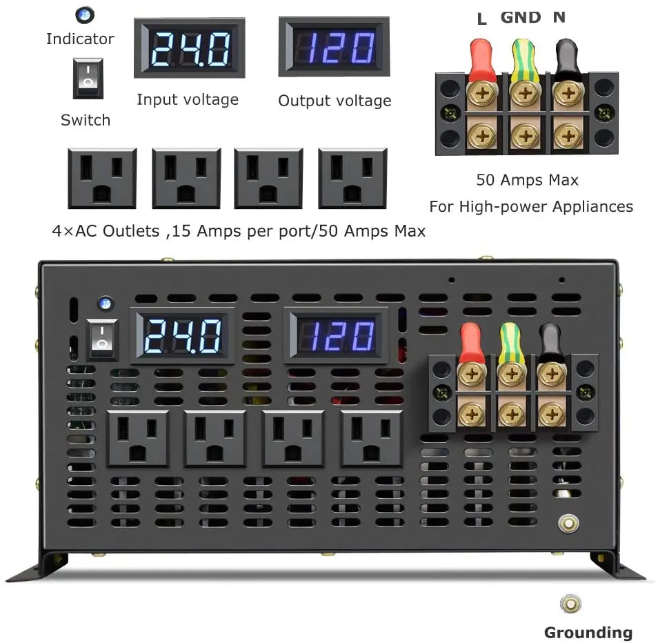 6000W Pure Sine Wave Inverter Solar Power 12V/24V/36V/48V/60V/72V DC to 110V/120V/230V/220V/240V AC Drill/Air Conditioner/Pump