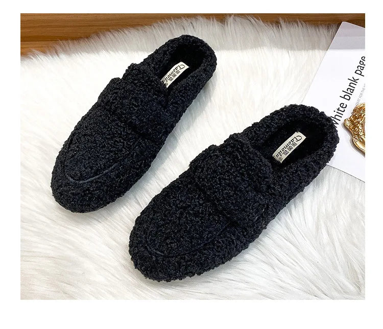 Winter Warm Plush Mules Women One Band Fur Slippers Cozy Cotton Shoes Woman Flats Cover Toe Fleeces Slides Femme Wool Pantuflas