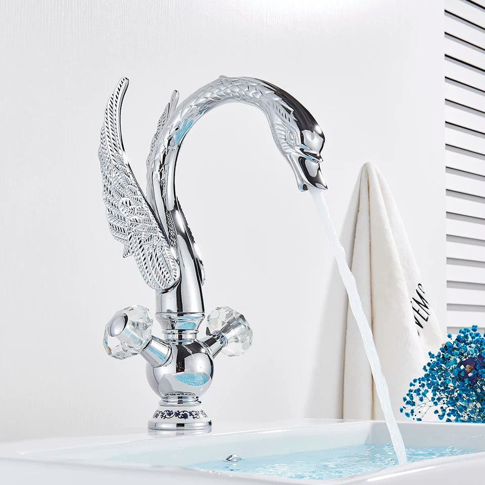 Luxury Gold Swan Basin Faucet Deck Mounted Bathroom Faucet Hot and Cold Water Mixer Tap Bath Water Faucet Basin Sink Taps