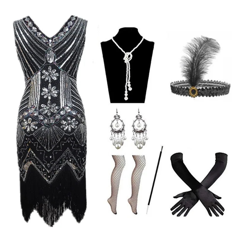 Halloween Cosplay Dress for Women 1920s Vintage Flapper Long Fringe Beaded Gatsby Party Dress With 20s Accessories Set