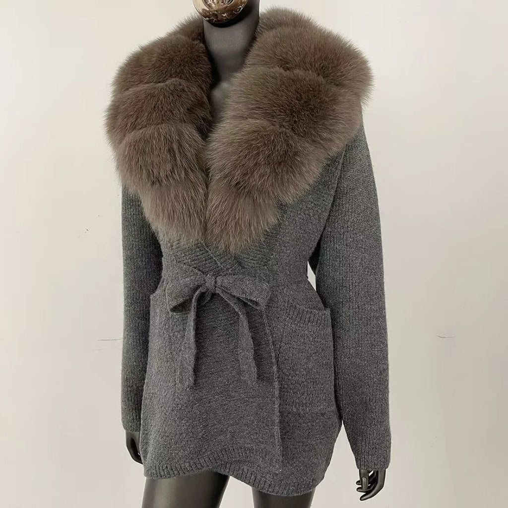 Women's New Spring Fashion Soft Midi Fox Fur Collar Knitted Cardigan Sweater Coat Casual Outerwear for Winter
