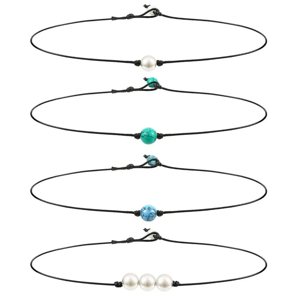 Fashion Green Blue Turquoises Pearl Charms Choker Necklace on Leather Cord for Women Men Handmade Jewelry Gifts
