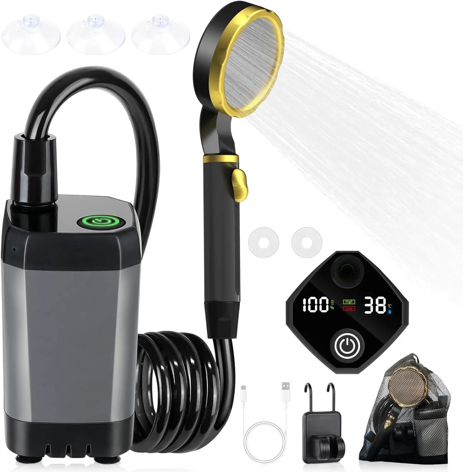 Portable Shower for Camping Outdoor Electric Shower Rechargeable Pump with 20L Collapsible Bucket