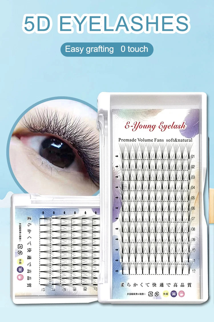 E-young 2d Premade Lashes Volume Fans Short Stem C/D Curl 0.1mm Natural False Eyelashes Extensions Premade Fans Wholesale Makeup