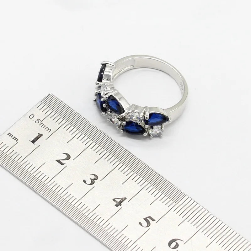 Dark Blue Sapphire 925 Silver Jewelry Set for Women Hoop Earrings Bracelet Rings Necklace Pendant for Parties Weddings Birthday