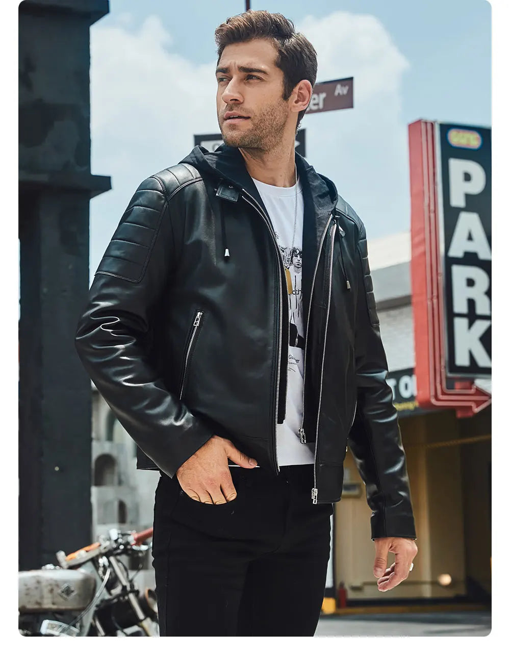 FLAVOR Men's Leather Motorcycle Jacket Black Sheepskin Real Leather Jacket With Removable Hood