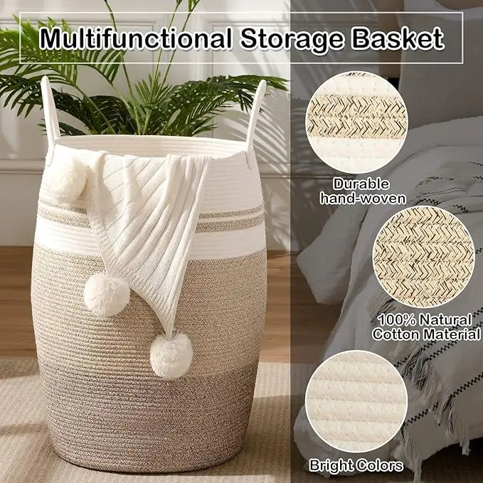 OIAHOMY Laundry Hamper Woven Cotton Rope Large Clothes Hamper 25.6" Height Tall Laundry Basket