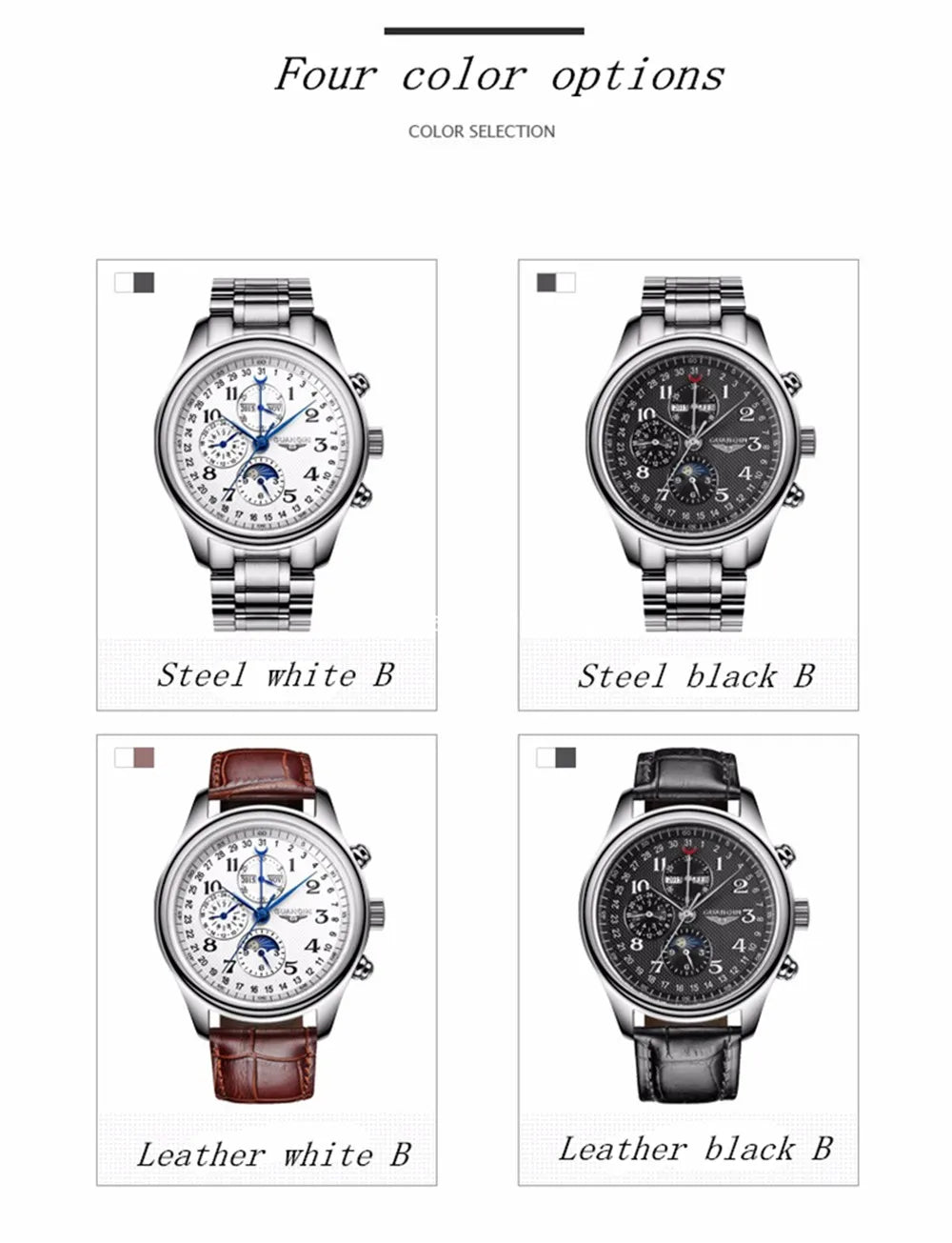 GUANQIN Leather Steel Mechanical Sapphire Men Watches Top Brand Luxury Waterproof Automatic Wristwatch Calendar Moon Phase