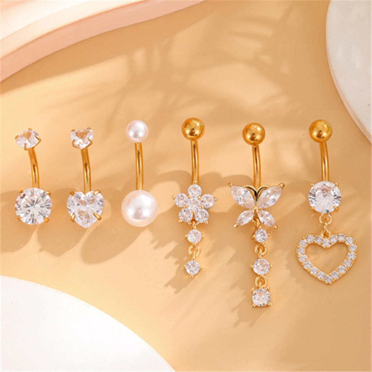 Set of 6 Gold-Plated Stainless Steel Belly Button Rings Fashion Jewelry with Pearl Heart & Hypoallergenic CZ Surgical Piercings