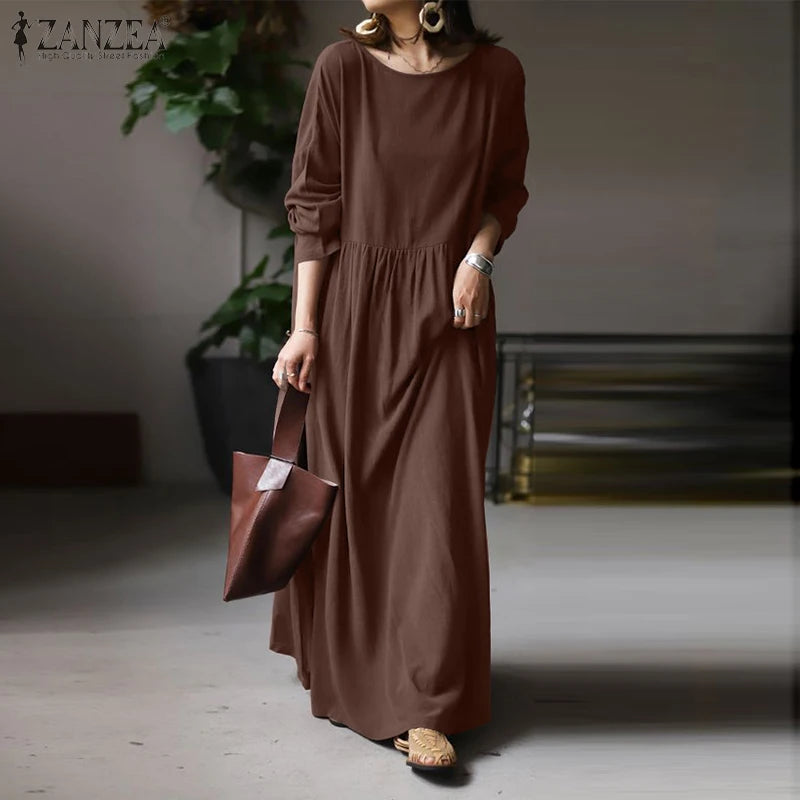 Autumn Women Sundress ZANZEA 2023 Vintage Solid Dresses Female Cotton Robe Casual Long Sleeve Pleated Maxi Vestidos Kaftan