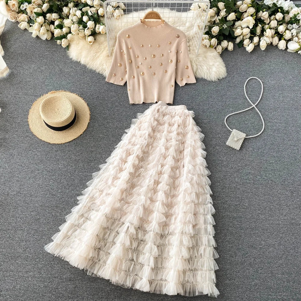 New Products Female Knitted Top Beaded Small Sweater Ladies French Retro Cake Skirt Two Piece Set