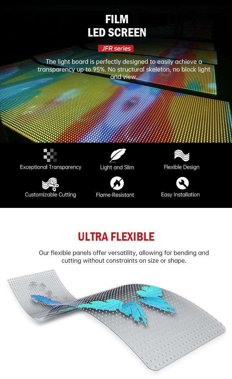 Transparent Advertising Led Video Wall Panel Roll up Crystal Rgb Flexible Mesh Glass Sticker Screen Luxury Thin Film LED