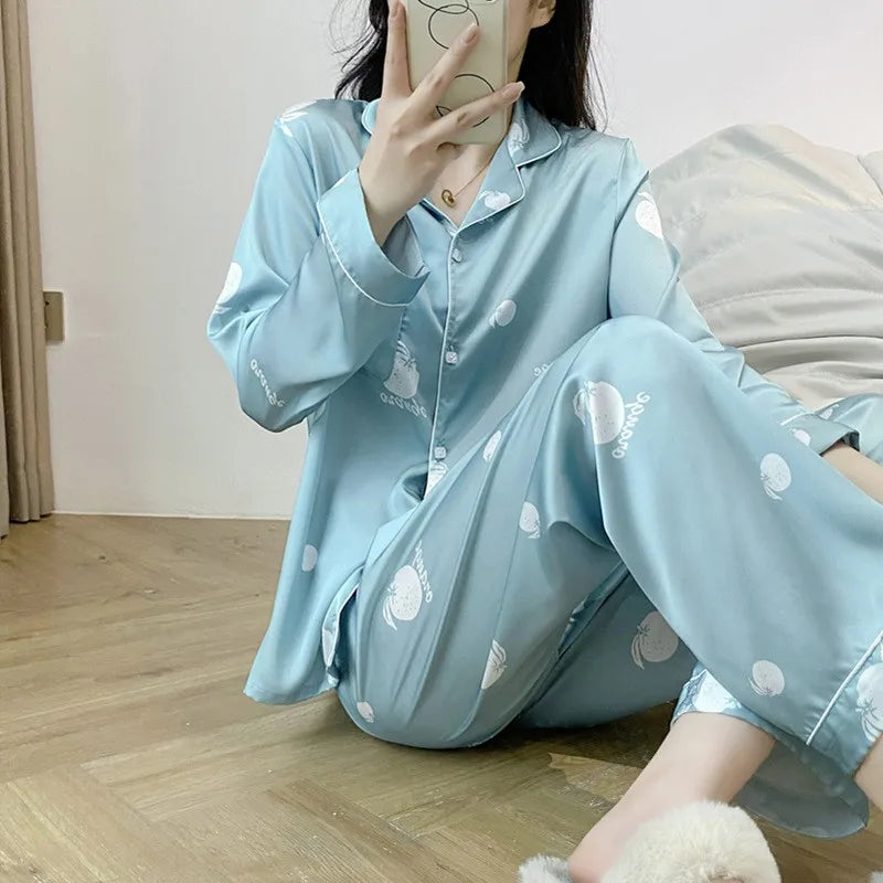 Best Selling Design Women's Silk Pajamas Long Sleeve Two-piece Set Cartoon Print Sleepwear Girls Cheap Nightwear Wholesale
