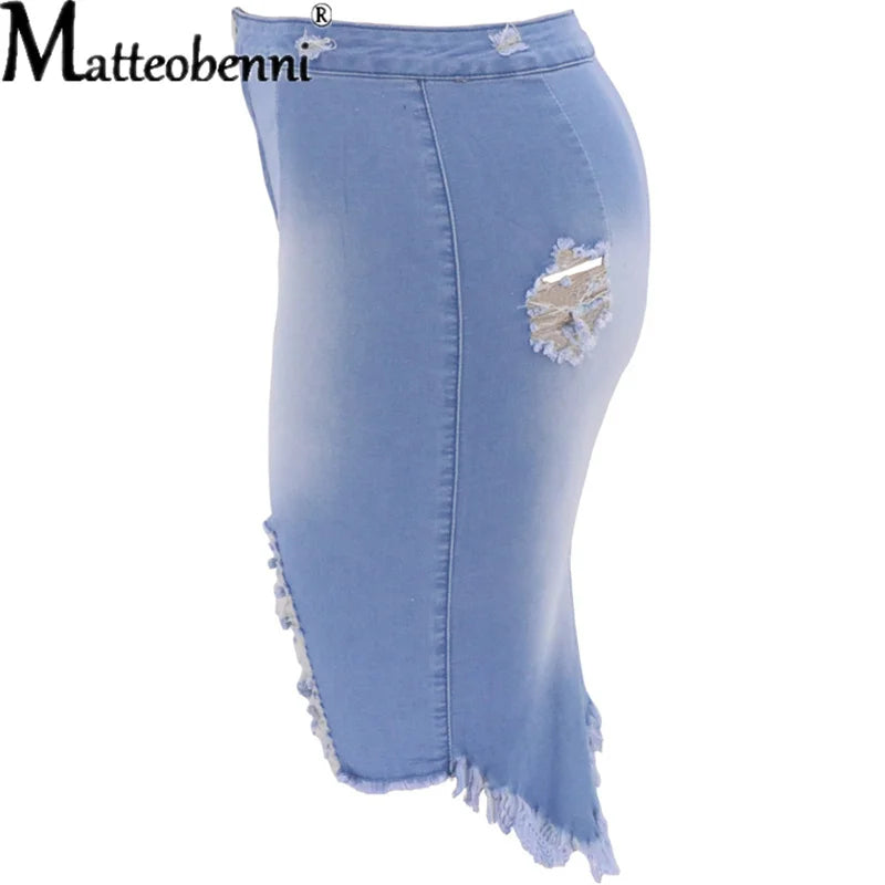 New Summer Sexy Ripped Denim Skirt Women Fashion Hollow Out Casual Hole Tassel Mini Skirt Irregular Basic Pocket Jeans Skirt