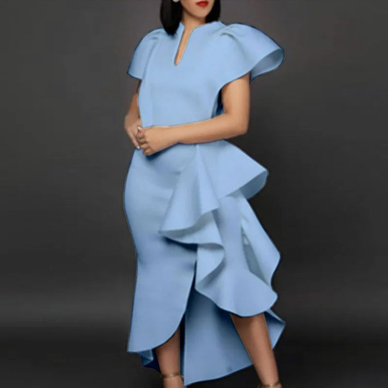 4XL Plus Size Women Club Fashion V-neck Puff Short Sleeves Slimming Knitted Ruffle Mermaid Long Dress