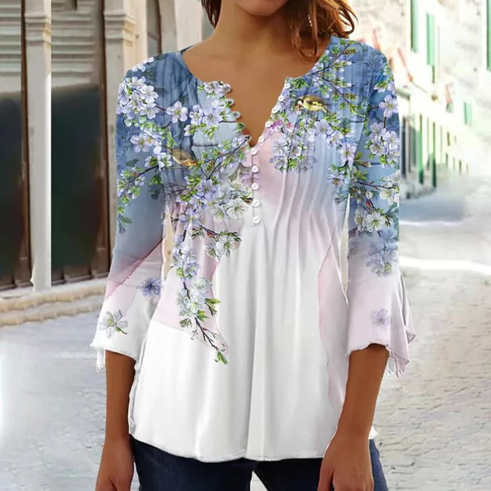 2024 Spring Summer New Fashion Women's Casual Floral Print V-Neck Elegant T-Shirt Full Sleeved Pleated Button T-shirt
