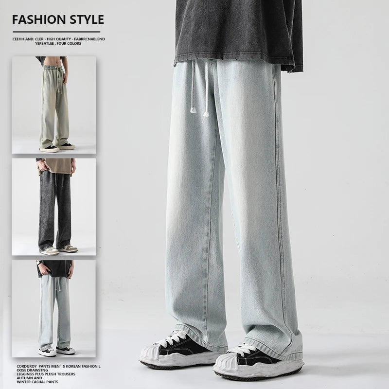 ANSZKTN Men Summer Cotton Lose Jeans Stretchy Casual Mid Waist Plus Size Elastic Band Men's Denim Wide Leg Jeans Pants