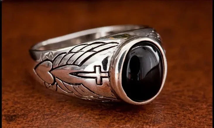 BOCAI Vintage Thai Angel Wing Cross S925 Silver Rings for Men Women Natural Black Agate Trendy Birthday Gifts Heart Pattern
