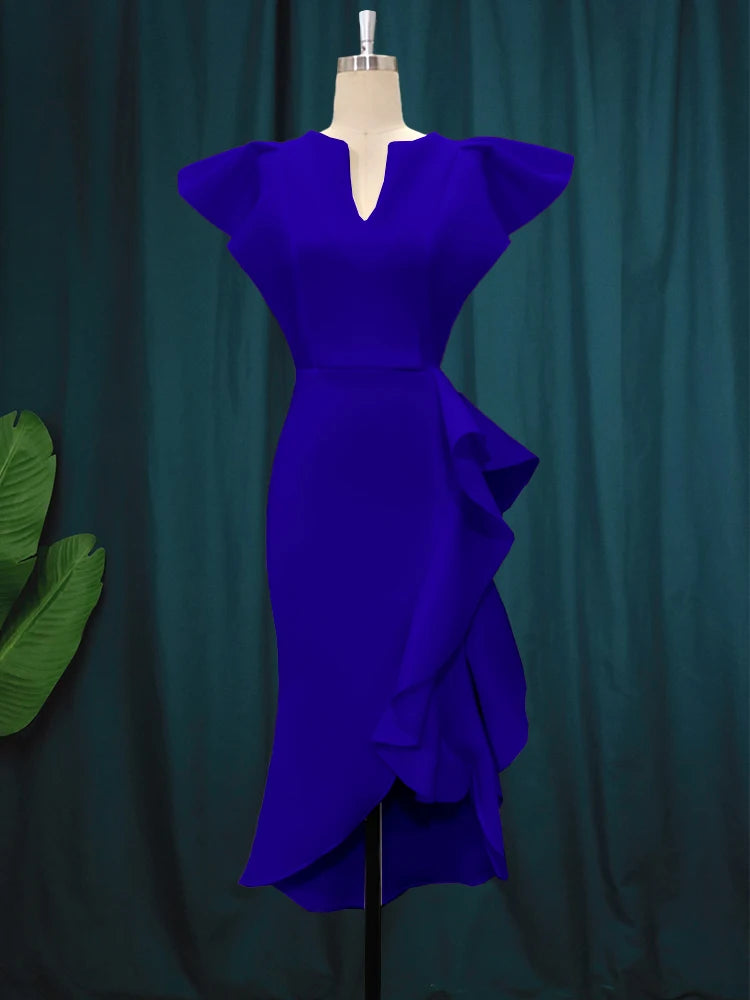 A80081 Manufacturer High Waisted Cap Sleeve Ruffles Midi Evening Dress Women