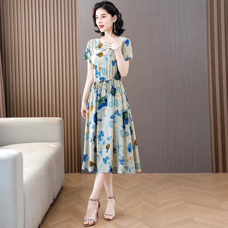 Women Floral Printed Summer Dresses O-neck Short Sleeve Fashion Printing Women's Simple Flower A-line Casual Dress