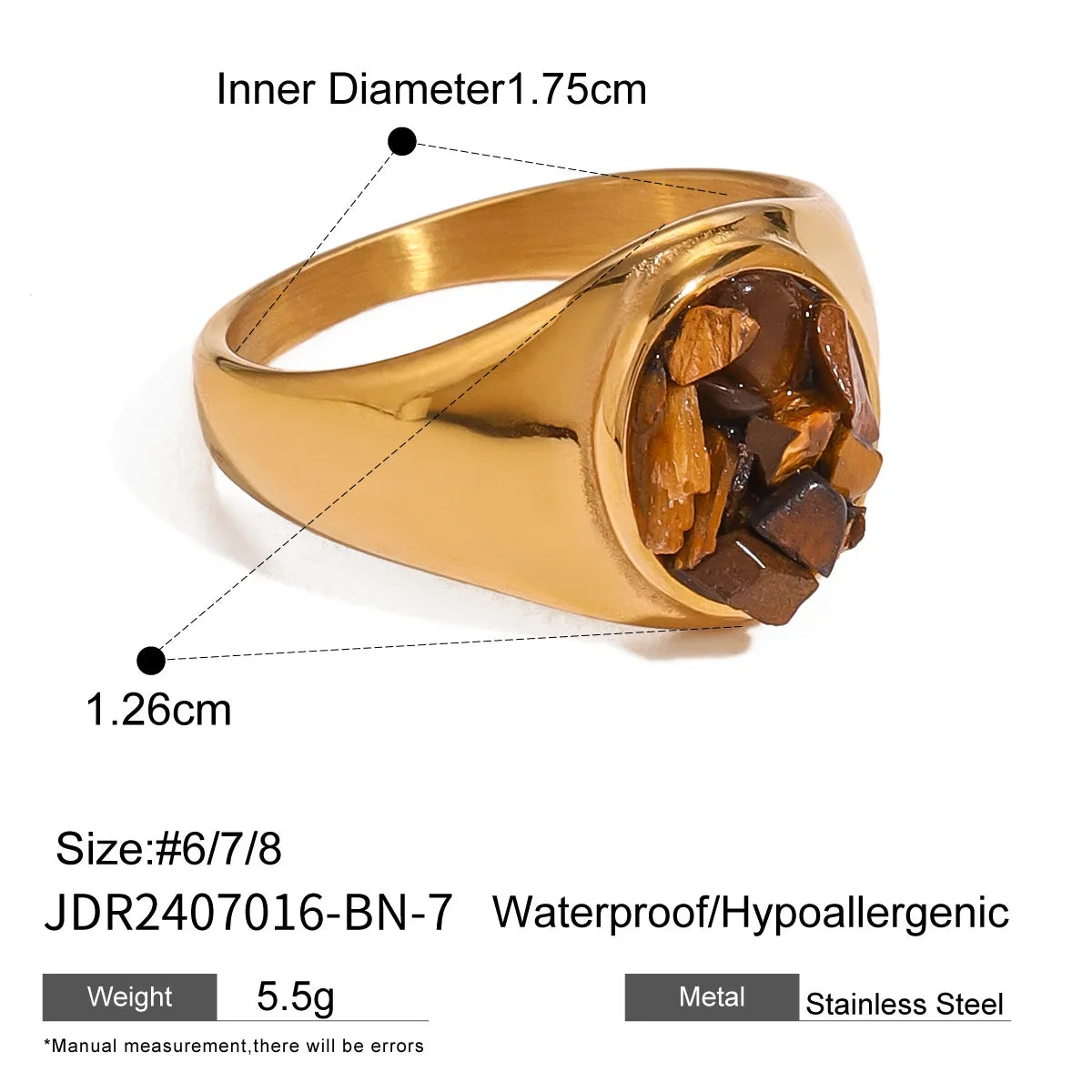 Stainless Steel Shine Inlaid Natural Crystal Geometric Rings Stainless Steel Skin-Friendly 18K Gold-plated Waterproof Jewelry