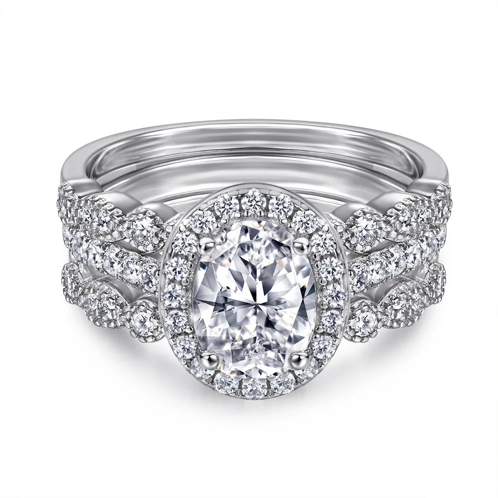 Wedding Ring Set Three-Piece Heart Pattern Engagement Jewelry Women's S925 Sterling Silver Rings