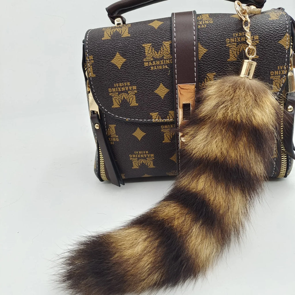 Authentic Raccoon Tail Fur Skin Halloween Party Cosplay Toy Handbag Accessories Key Chain Ring Hook