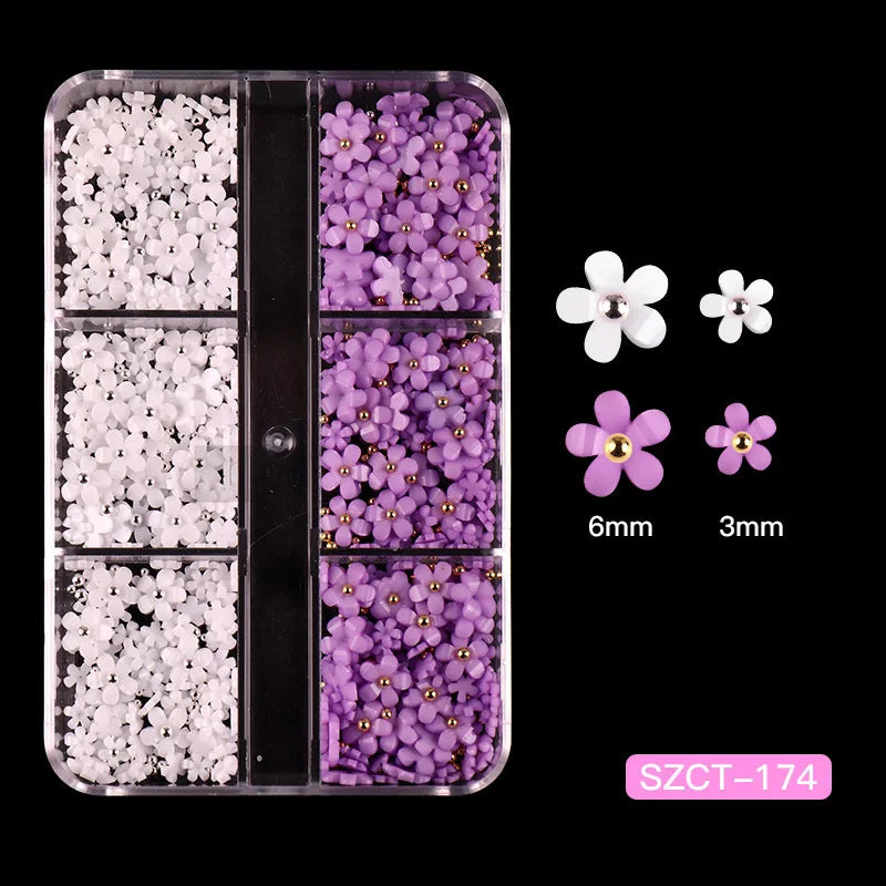 Nail Jewelry Wholesale Cute Three-dimensional Small Flowers 6-grid Plastic Box Mixed Resin Five-petal Flower Nail Accessories