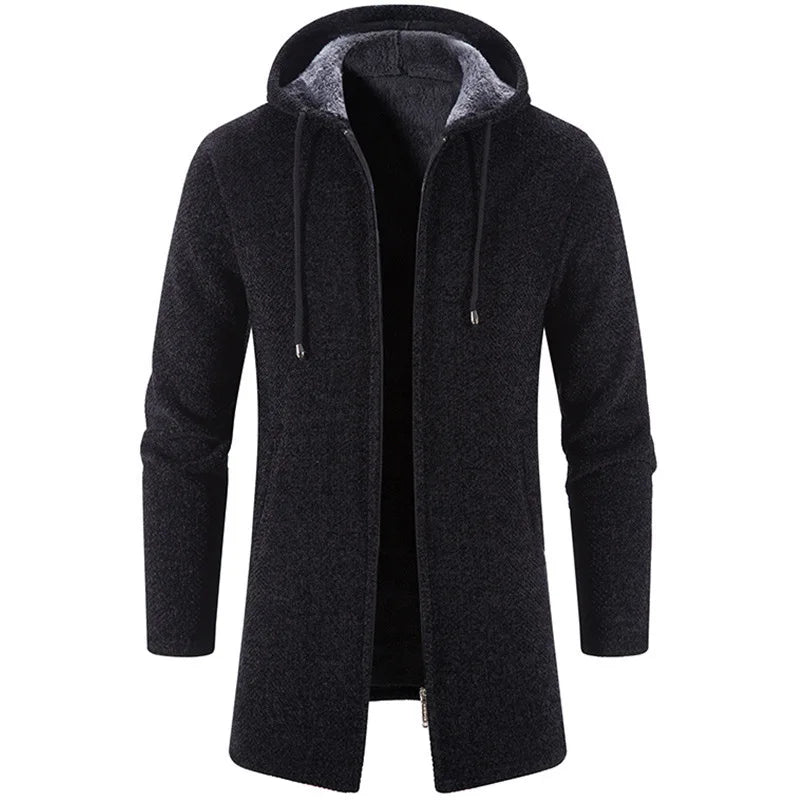 Liu Ming Men's Thick Warm Fleece Cardigan Winter Trending Casual Windbreaker Jackets with Zipper Closure Knitted Sweater Hooded