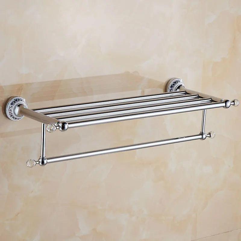 European Antique Blue and White Porcelain Chrome Finish Bathroom Hardware Set Silver&Crystal Towel Rack Bar Hook Basket Rack 5