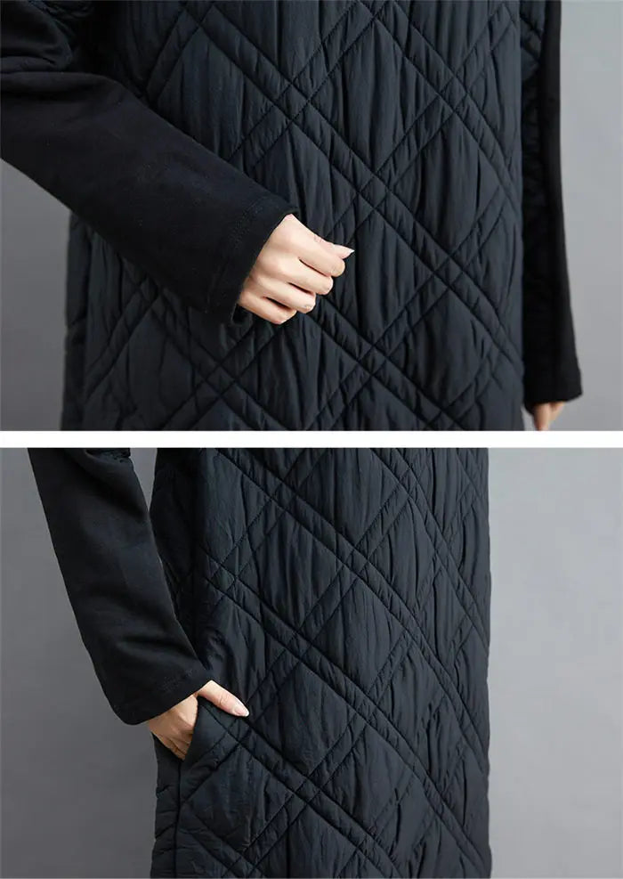 Retro Quilted Diamond Dress Thick Stitching Warm Autumn Winter Clothing New Women's High-Neck Casual Long Tunic y750