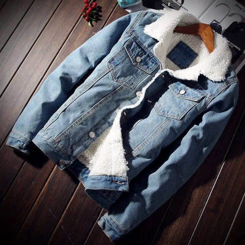 Men's Winter Warm Berber Fleece Denim Jacket Slim Fit Thicken Coat Outerwear Black Blue