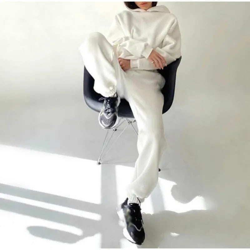 Women's Tracksuit Suit Winter Fashion Warm Hoodie Sweatshirts Two Pieces Oversized Solid Casual Hoody Pullovers Long Pant Sets