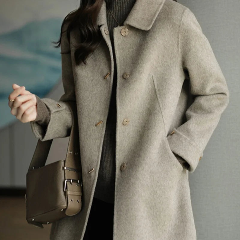 Woolen Coat Slim Fashion Office Lady Square Collar Single Breasted Winter Coats for Women 2023 Wide-waisted Pocket Black Coat
