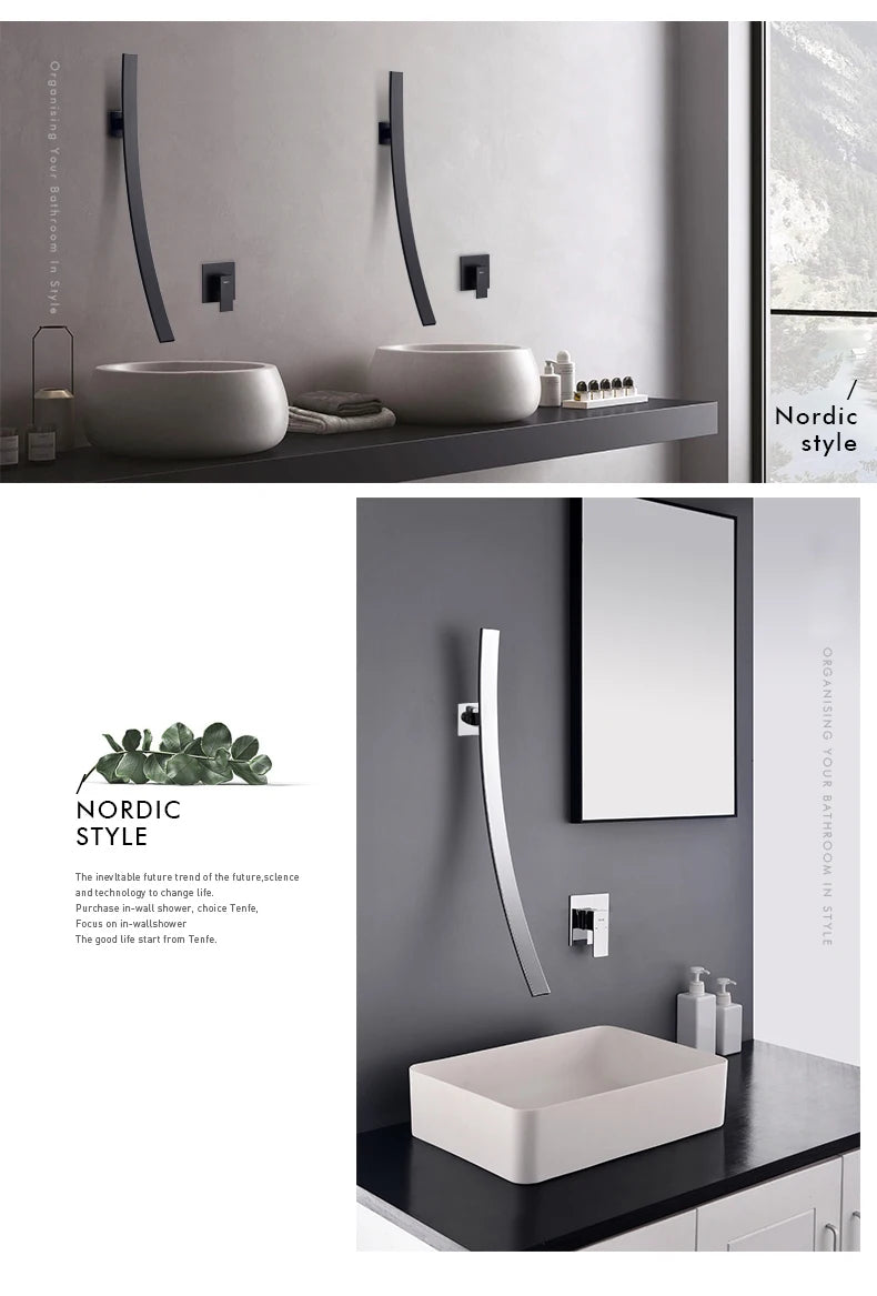 Rozin Wall Mounted 70cm Spout Waterfall Basin Faucet Single Handle Chrome Bathroom Mixer Tap Concealed Basin Sink Torneira