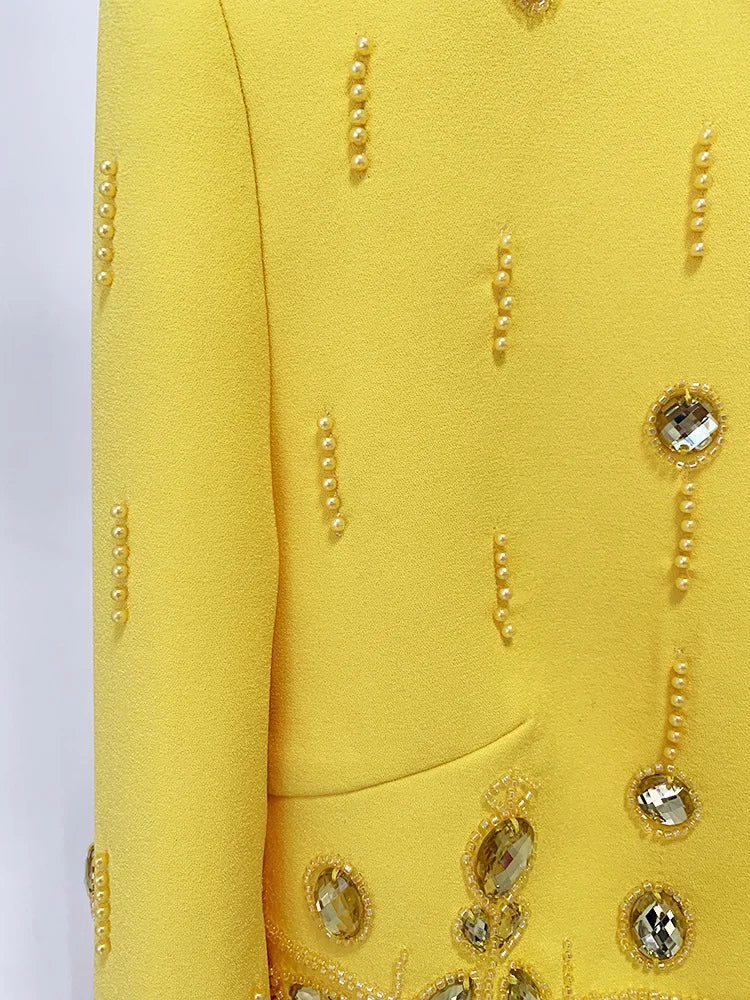European Style Lady Office Work Suit Fine Workmanship Beading Rhinestone Turtleneck Tops Pencil Mini Skirt Women 2Pcs