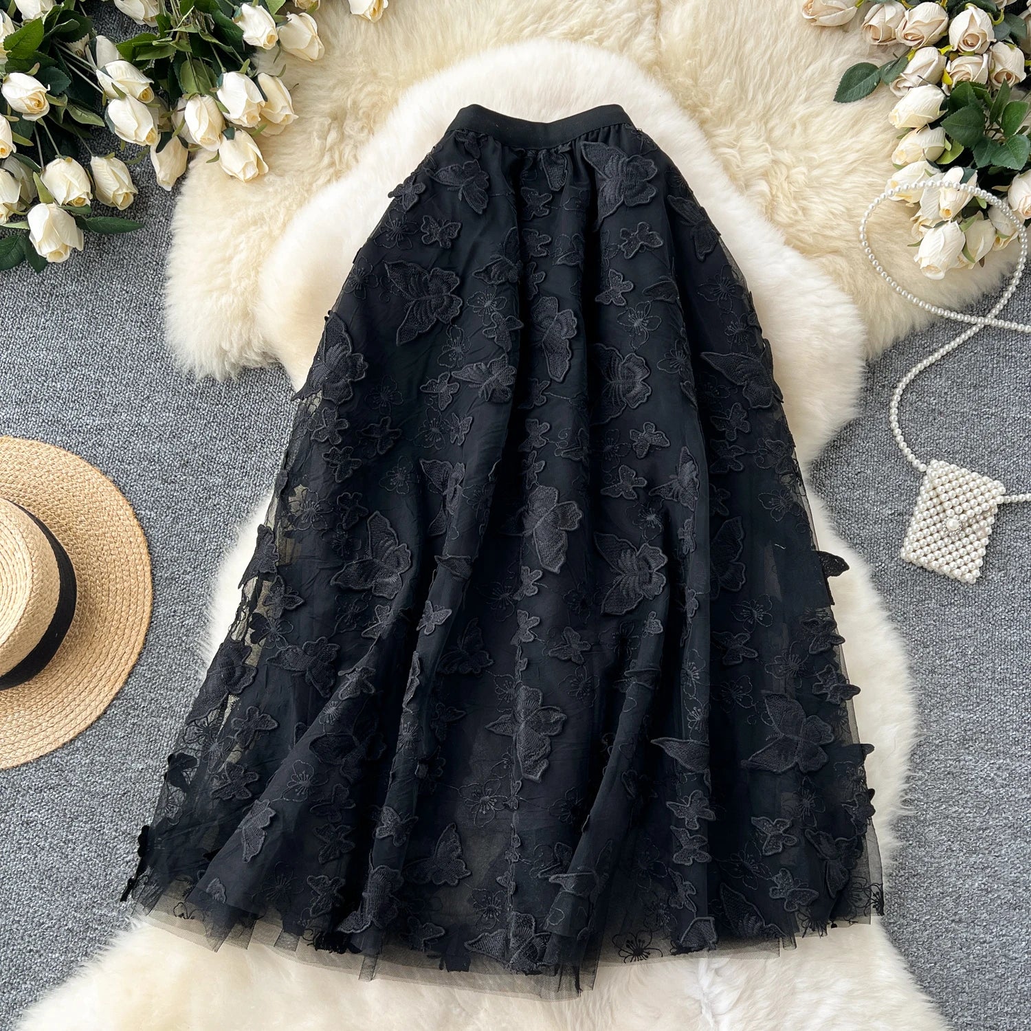 LE2666 Heavy Three-Dimensional Butterfly Embroidery Mesh Skirt Female 2024 New High-Waisted Mid-Length A-Line Fairy Skirt