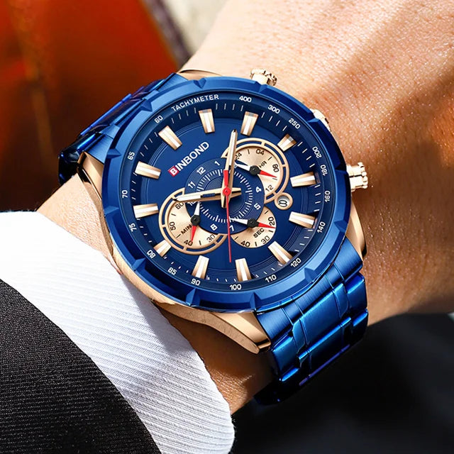 BINBOND B6395 6395 Stainless Steel Watches Men's Quartz Wristwatch Chronograph Sports Luminous Fashion Casual Pointers Men Watch