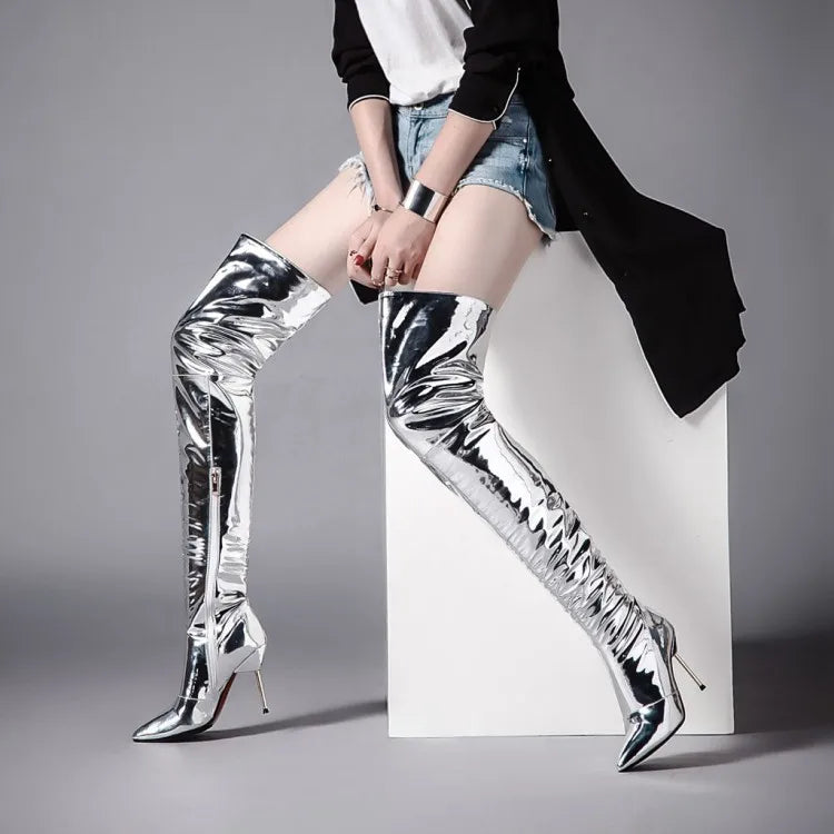 Shiny Silver Super High Thin Heel Thigh High Women Boots Over the Knee High Winter Women Stiletto Shoes Super Long Boots