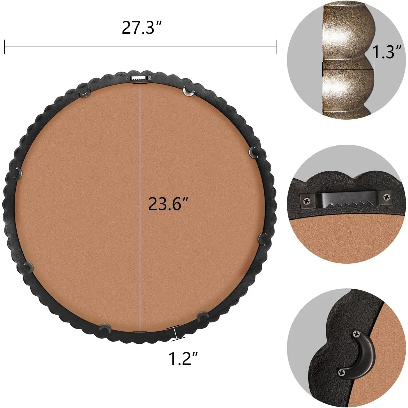WallBeyond 1-Piece 28-Inch Round Wood Silver Bead Mirror Retro Style Framed Wall Mount Decor for Home Entryway Living