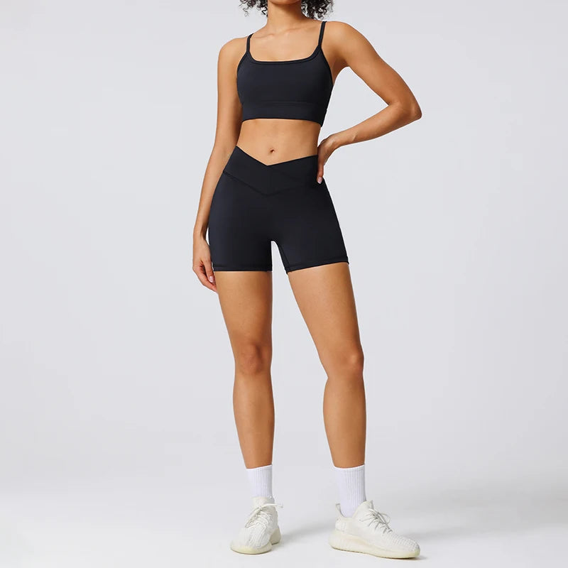 Women's Breathable Quick Dry Solid V-Shaped High Waist Eco-Friendly Training Shorts Bra Set Sports Bra Workout Shorts 2 Piece