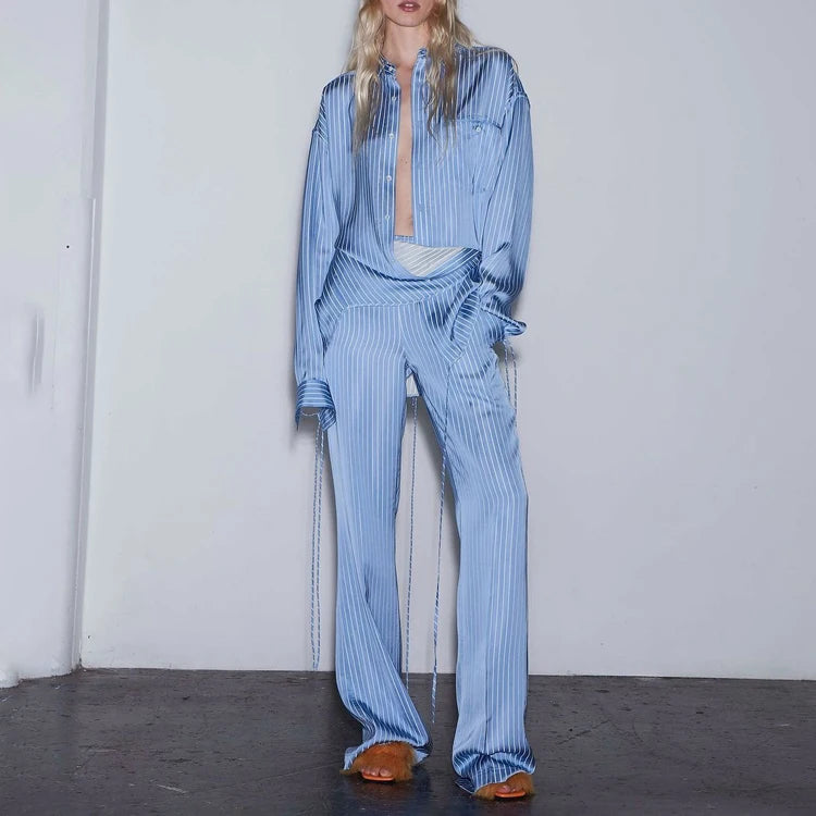2024 New Fashionable Satin Blue Striped Long Sleeve Belted Shirt Wide Leg Long Pants 2 Piece Outfit Set Woman Pants and Shirt