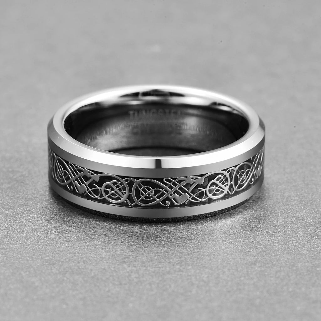 Wholesale 8mm Width Chamfer Natural Color Inlaid Dragon Pattern Black Fiber Men's Tungsten Rings Jewelry Gift