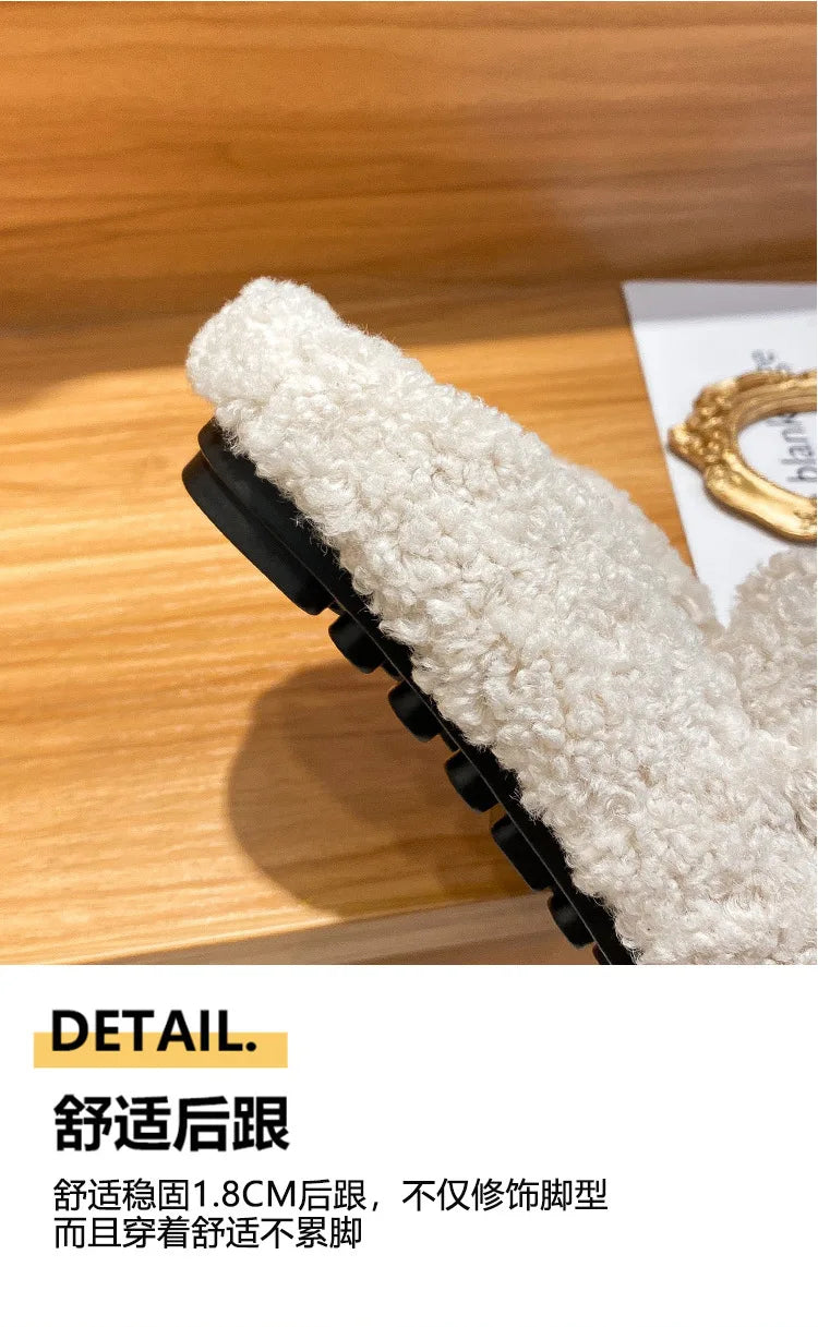 Winter Warm Plush Mules Women One Band Fur Slippers Cozy Cotton Shoes Woman Flats Cover Toe Fleeces Slides Femme Wool Pantuflas
